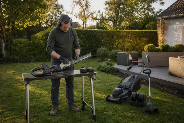 Outils sans fil nettoyés sur établi dans un petit jardin bien entretenu