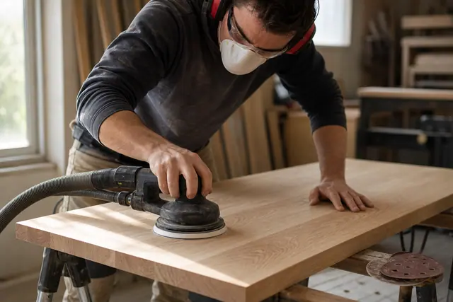 Bricoleur ponçant un plateau en bois avec une ponceuse excentrique aspirée.