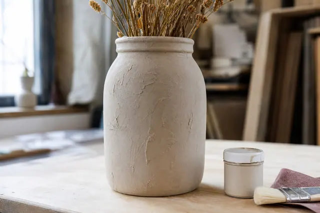 Bocal en verre peint beige mat transformé en vase décoratif texturé.