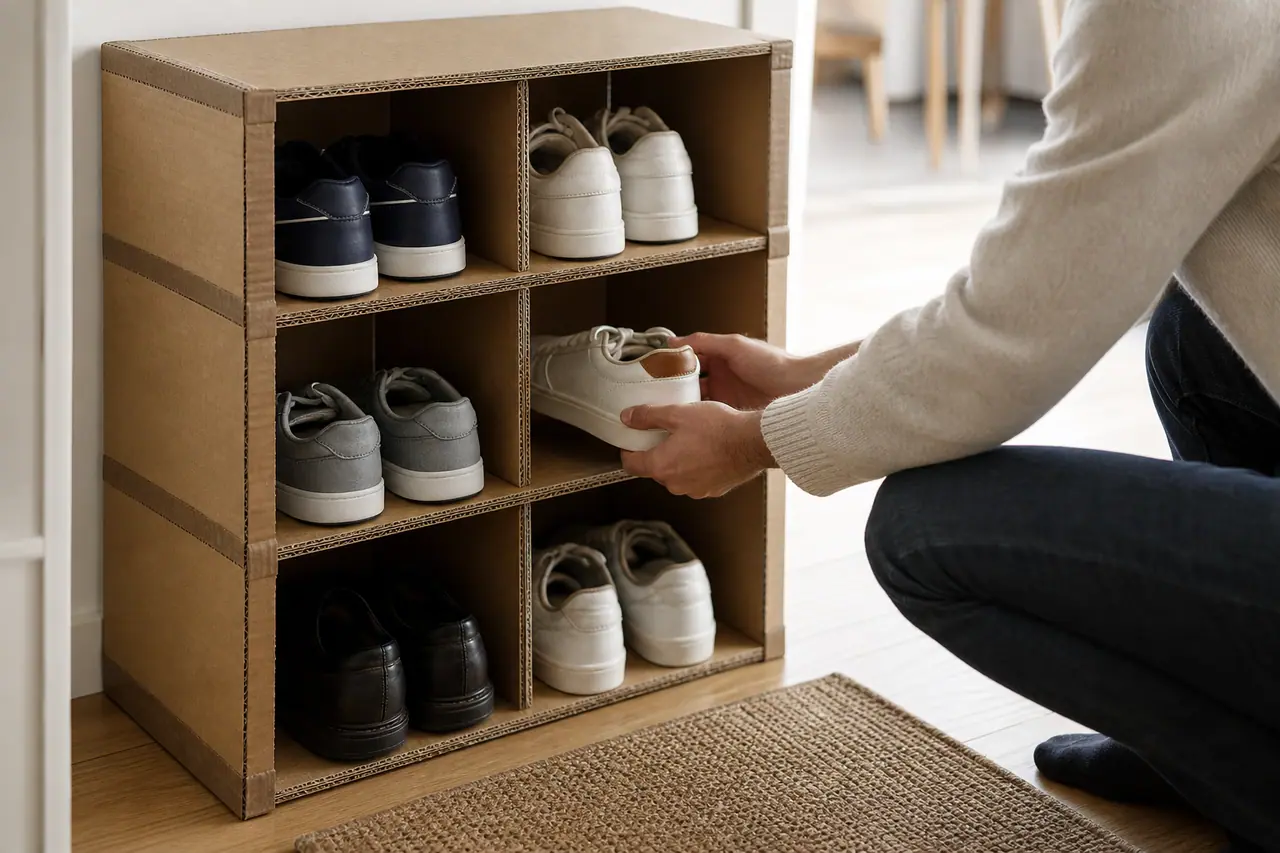 Rangement en carton à six casiers installé dans une entrée étroite