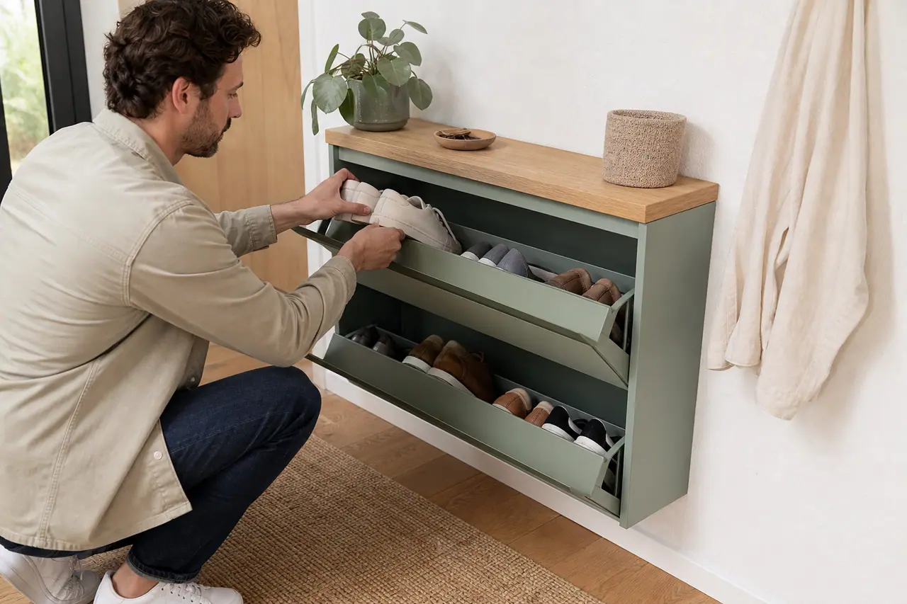 Meuble à chaussures peu profond personnalisé dans une entrée lumineuse