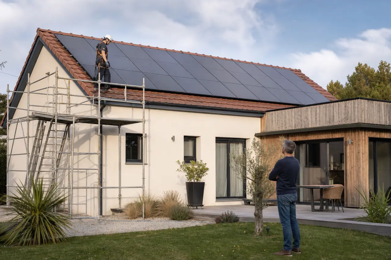 Installateur sécurisé vérifiant des panneaux photovoltaïques sur le toit d’une maison.