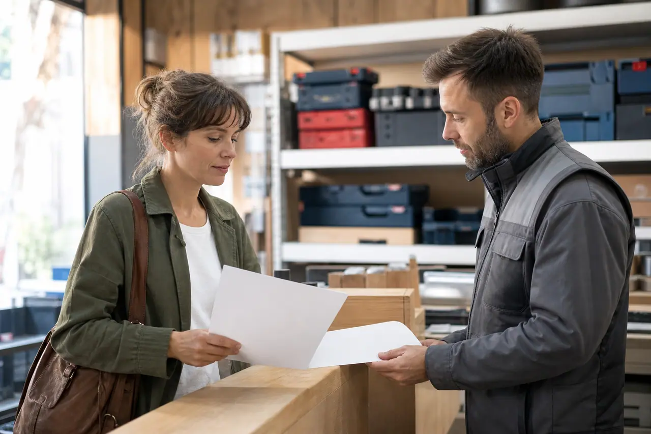 Cliente et conseiller vérifient une commande dans un magasin de bricolage.
