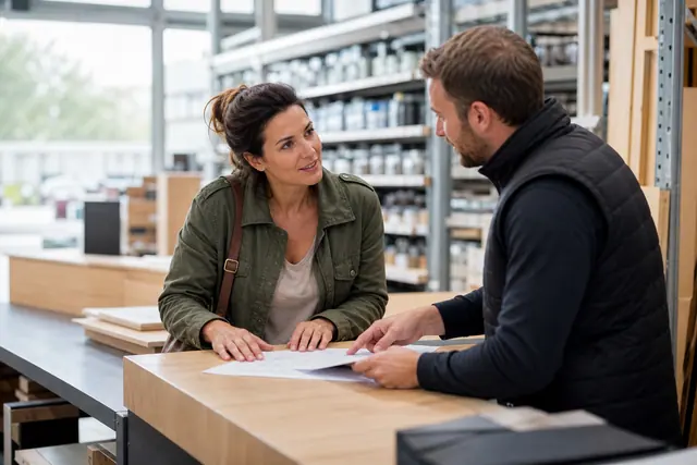 Cliente vérifiant une commande avec un conseiller dans un magasin de bricolage.