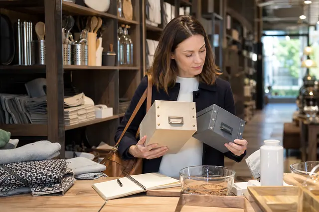 Cliente comparant des accessoires de rangement dans un grand magasin toulousain