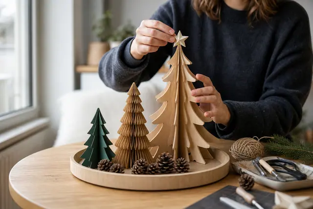 Trois mini-sapins DIY en carton, papier et bois sur une table claire.