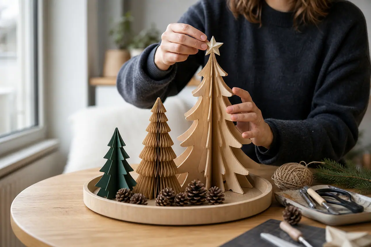 Trois mini-sapins DIY en carton, papier et bois sur une table claire.