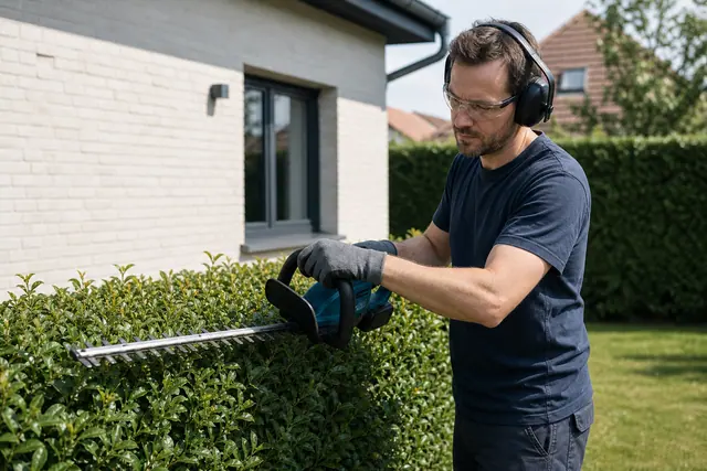Particulier équipé taillant une haie dans le jardin d’un pavillon.
