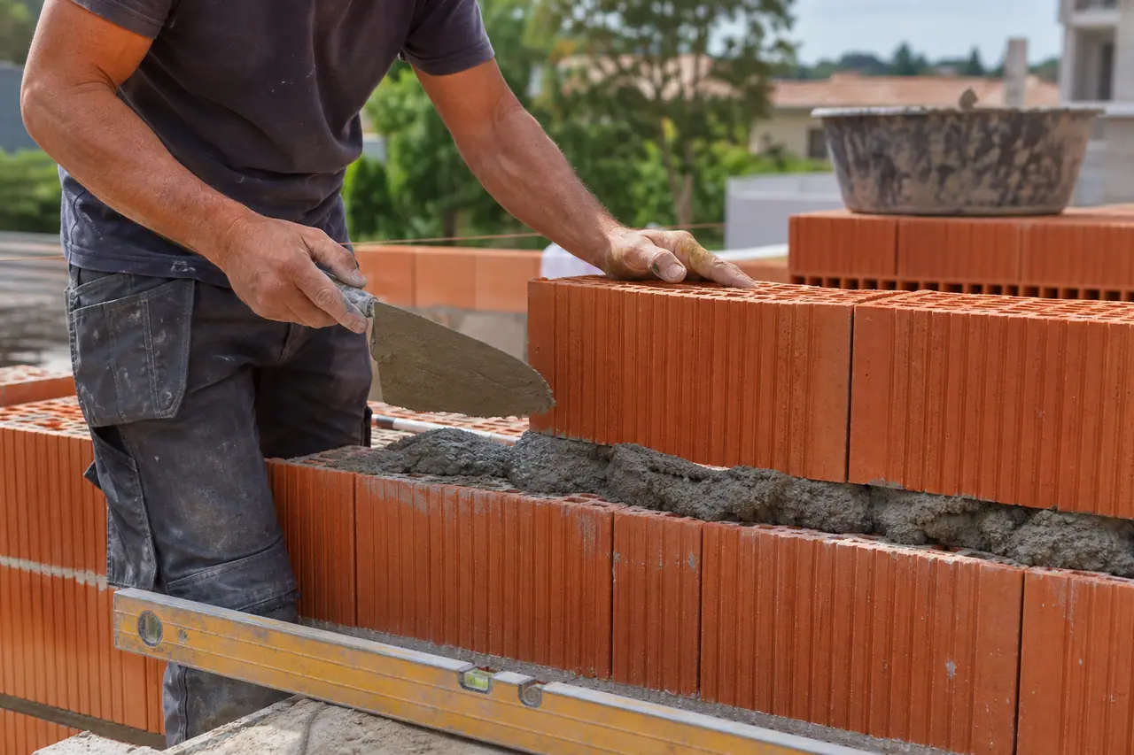 Maçon posant une brique de terre cuite au mortier sur un mur en cours de construction