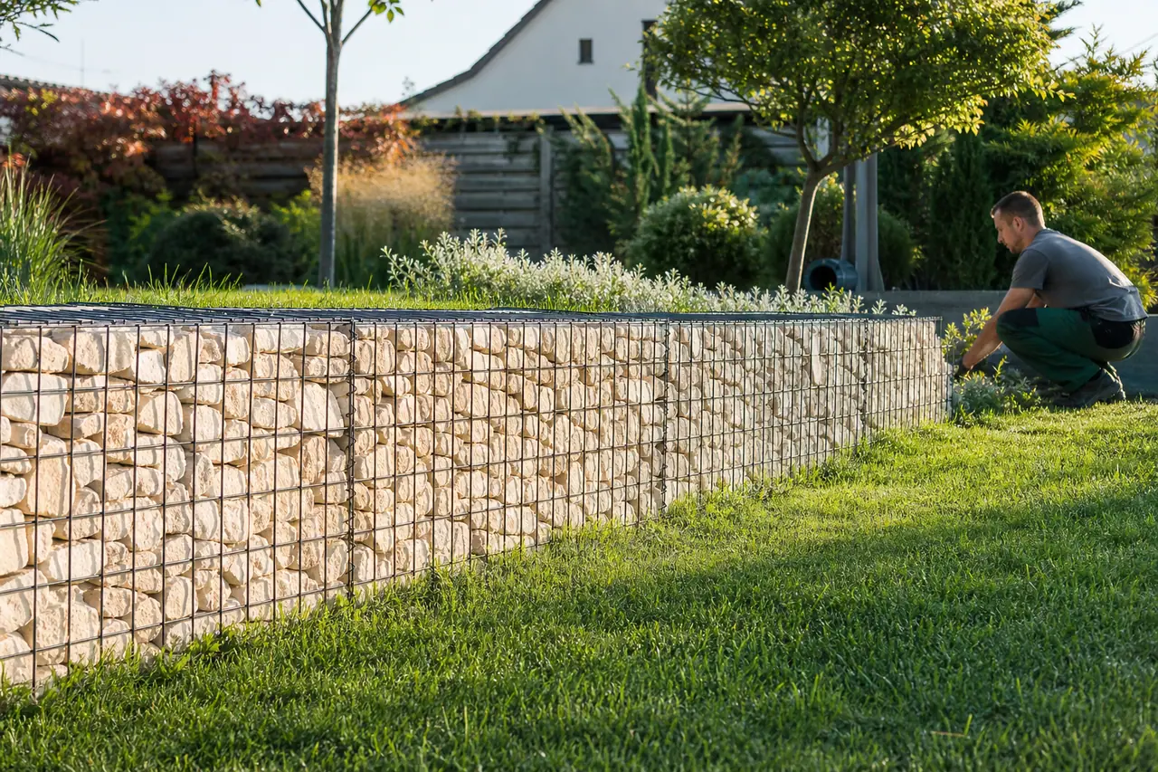 Muret de jardin en gabions métalliques remplis de pierres calcaires claires
