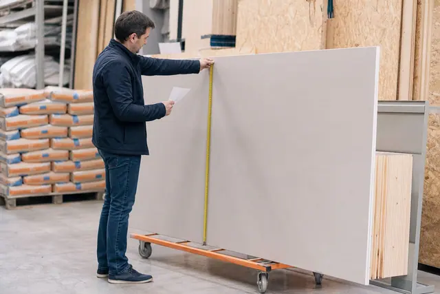 Client préparant ses mesures devant des matériaux dans un magasin de bricolage.