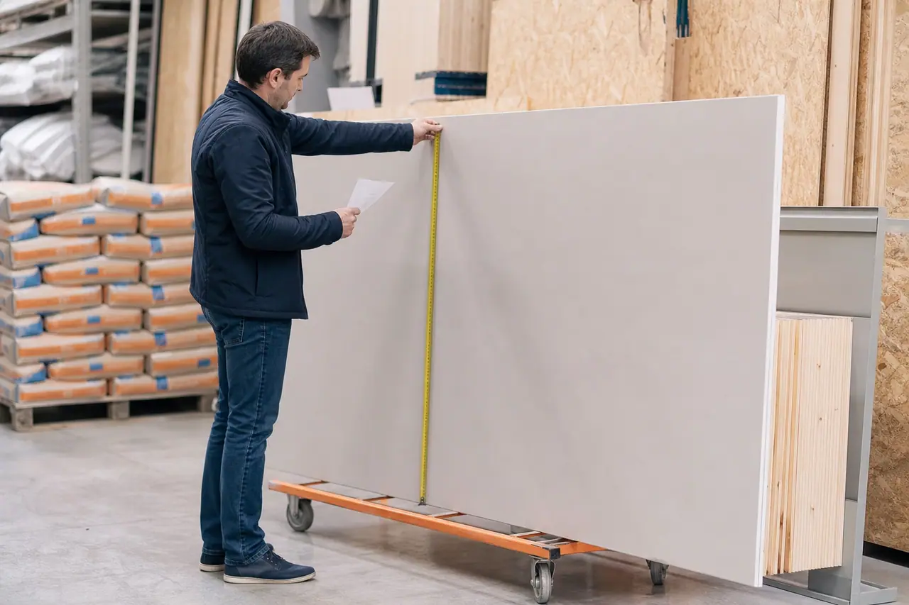 Client préparant ses mesures devant des matériaux dans un magasin de bricolage.