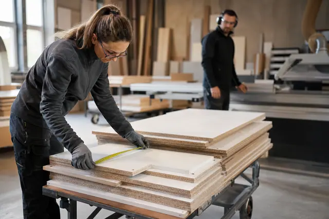 Cliente contrôlant des panneaux mélaminés découpés au mètre dans un magasin de bricolage.