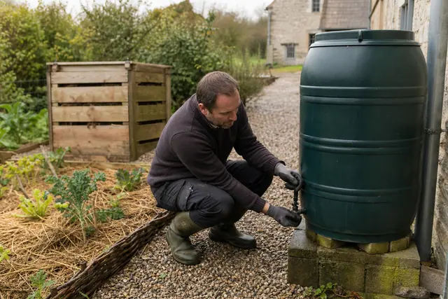 Jardin rural organisé avec récupérateur d’eau, composteur et potager paillé.