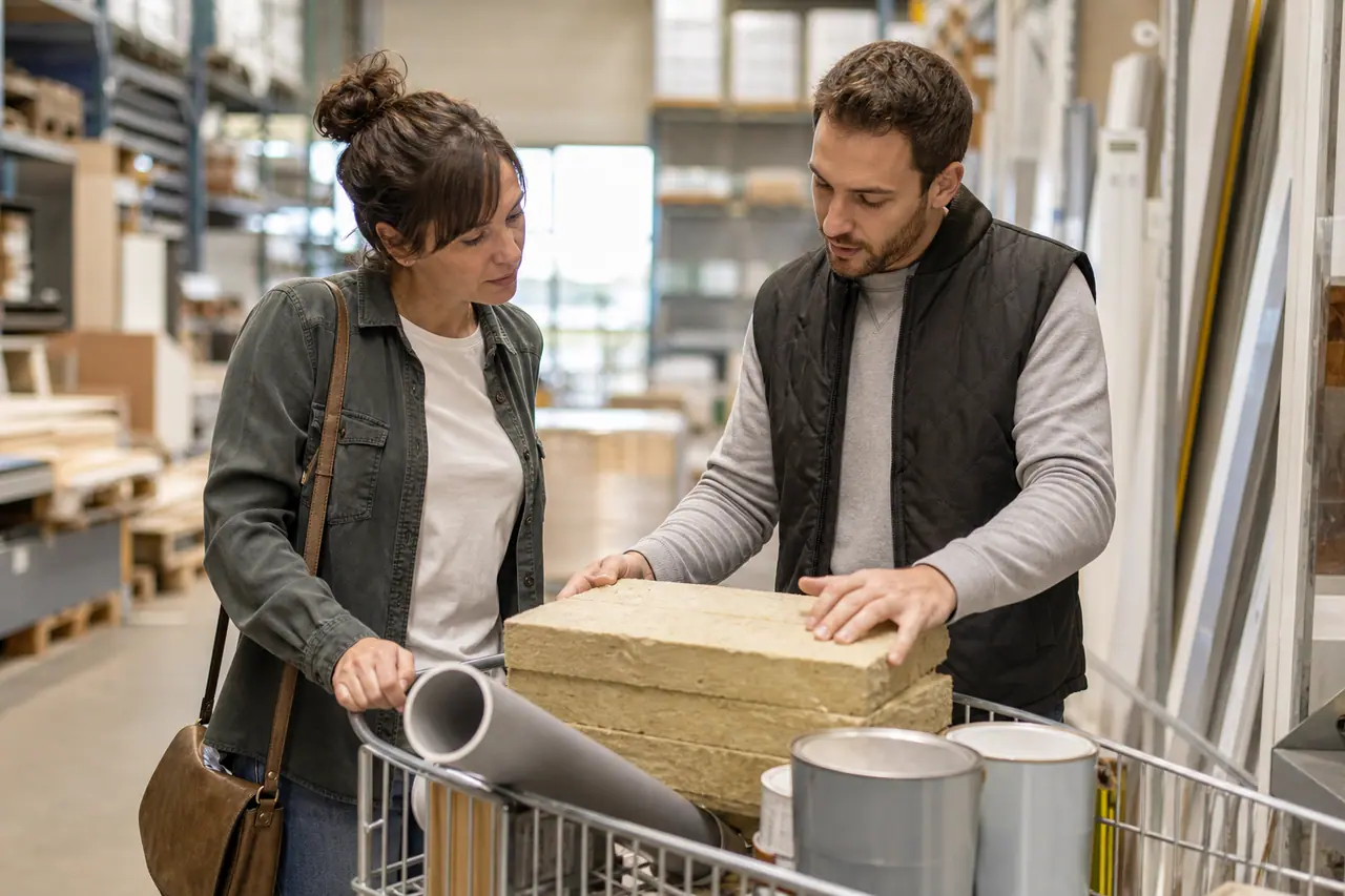 Cliente et conseiller comparent des matériaux dans une allée de magasin de bricolage.