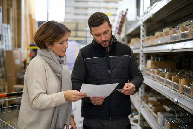Cliente et conseiller vérifiant une référence dans un magasin de bricolage local.