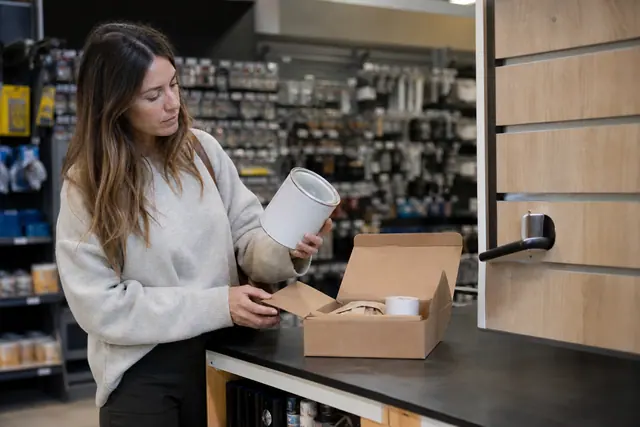 Cliente comparant un pot de peinture et une commande retirée en magasin
