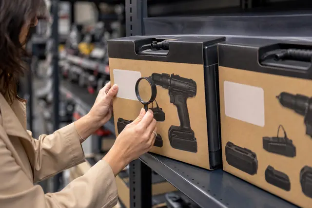 Cliente comparant deux coffrets d’outillage identiques dans un rayon de bricolage.