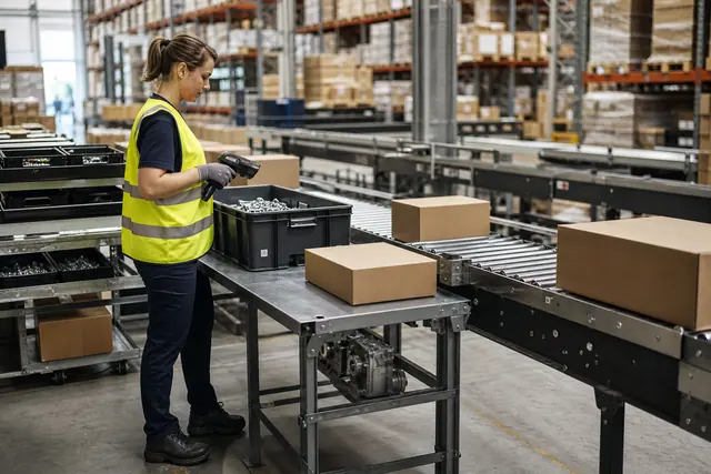 Préparatrice équipée contrôlant des bacs dans un entrepôt de bricolage automatisé.