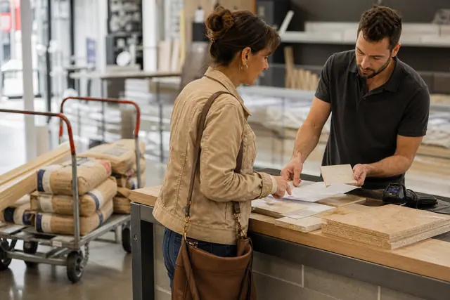 Cliente et conseiller préparent une commande de matériaux dans un magasin de bricolage.