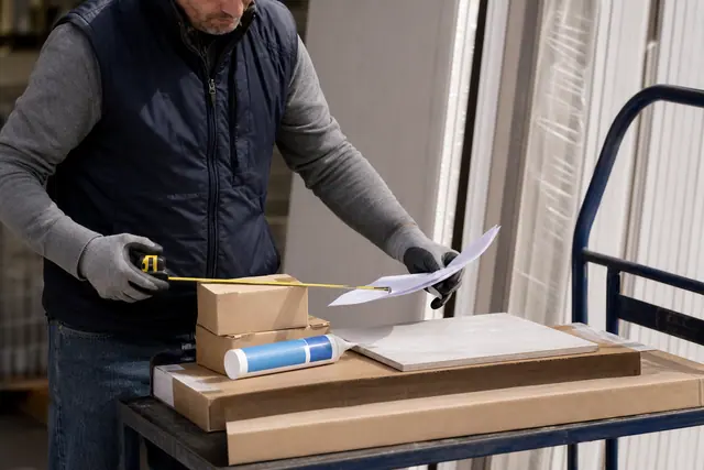 Client contrôlant des matériaux de bricolage avant leur retrait au comptoir.