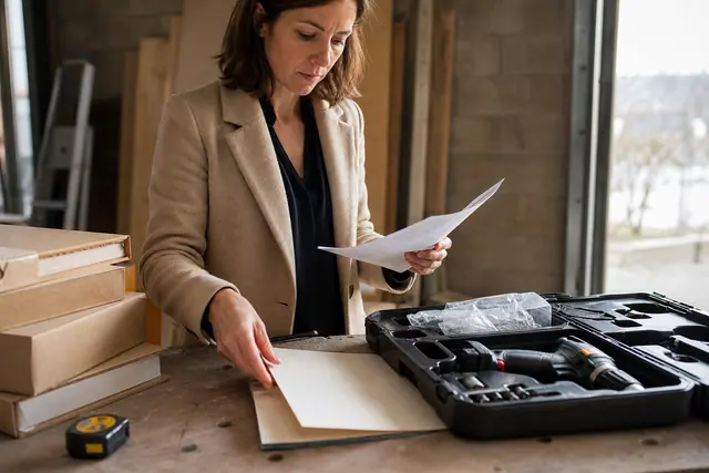 Particulier classant ses preuves d’achat devant des matériaux de chantier non utilisés.