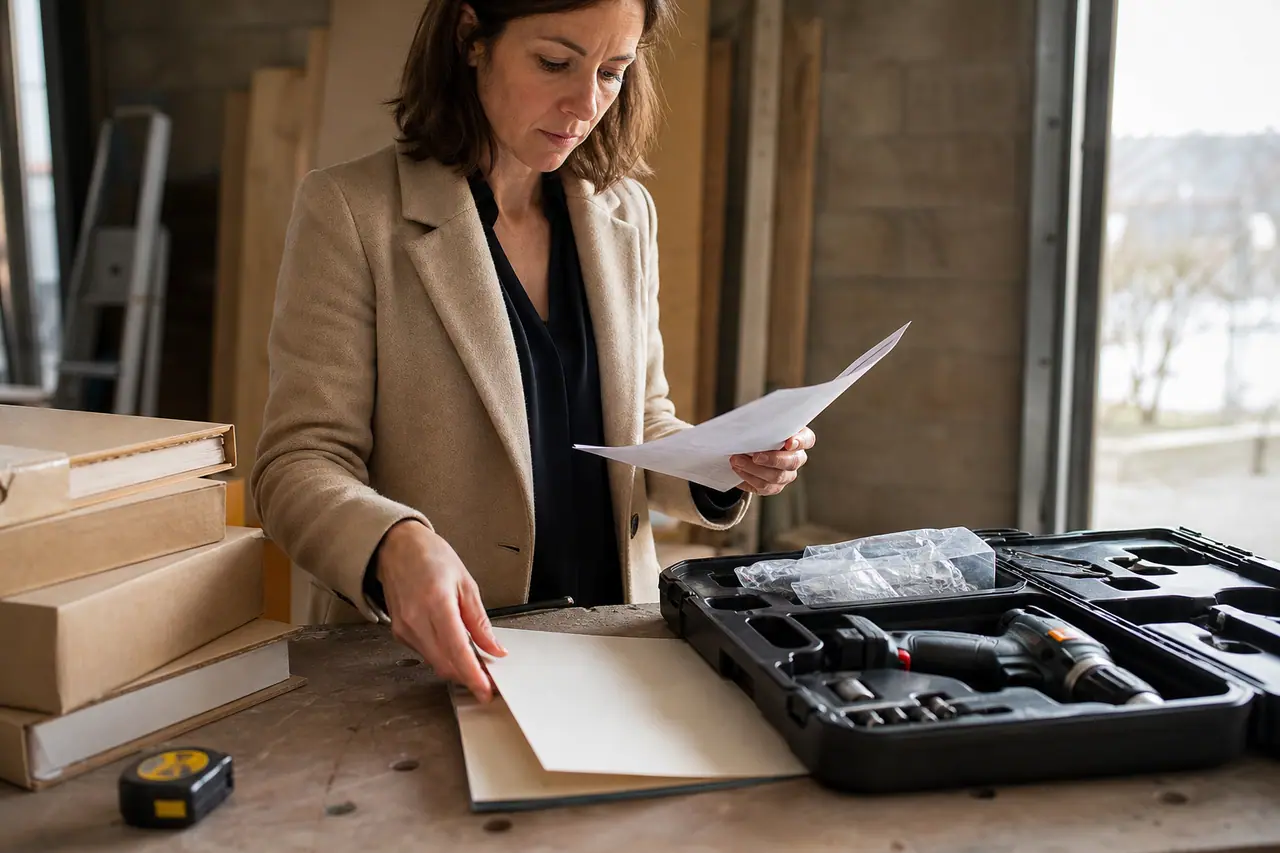 Particulier classant ses preuves d’achat devant des matériaux de chantier non utilisés.