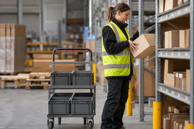 Préparatrice contrôlant un carton dans un entrepôt de bricolage organisé.