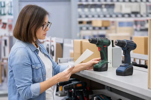 Cliente comparant deux perceuses sans fil dans un rayon de bricolage.