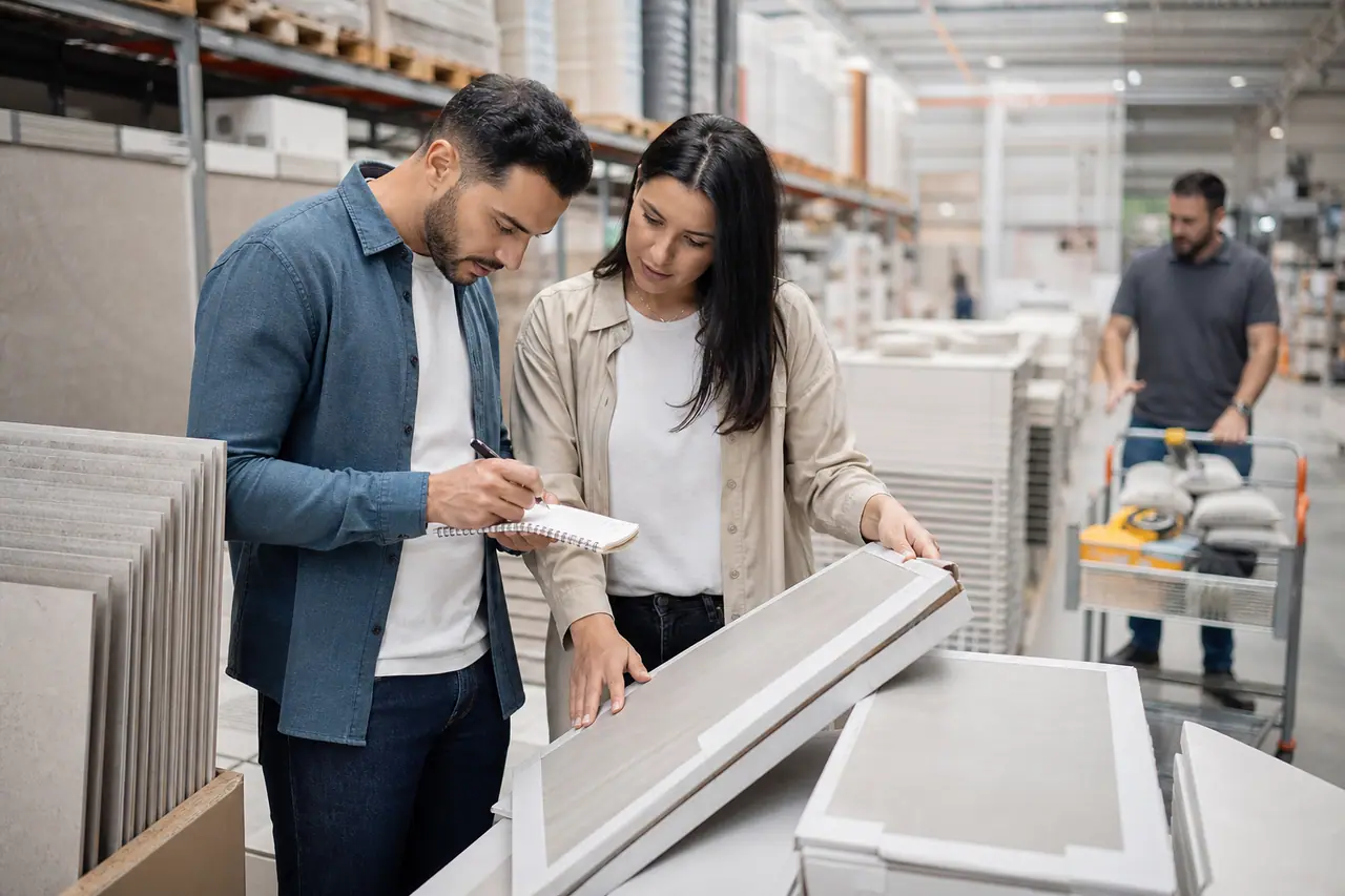 Clients comparant des boîtes de carrelage dans un magasin de bricolage à Salé