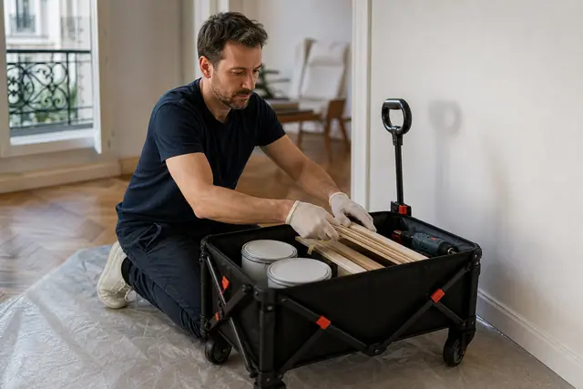 Petit chantier d’appartement organisé avec chariot, peinture, outils compacts et bois découpé.