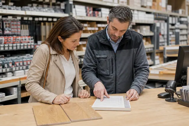 Cliente comparant des échantillons de parquet avec un conseiller en magasin de bricolage.