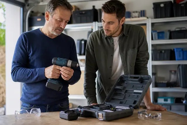 Deux voisins vérifient une perceuse et ses accessoires sur un établi.