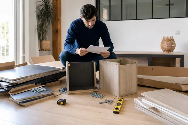 Personne comparant deux caissons de rangement en kit dans un salon lumineux