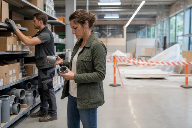 Cliente préparant ses achats devant un rayon de bricolage temporairement réorganisé