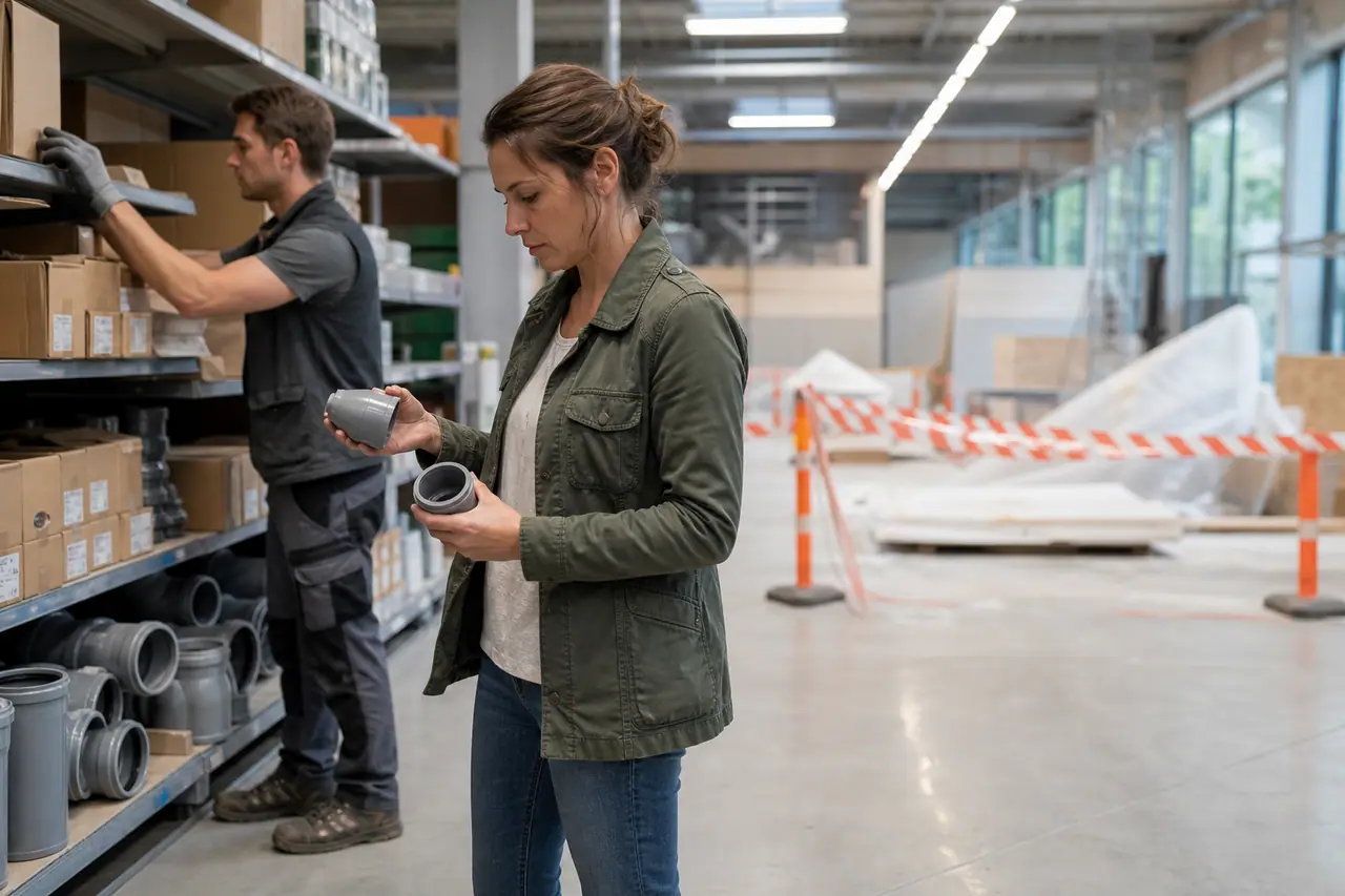 Cliente préparant ses achats devant un rayon de bricolage temporairement réorganisé