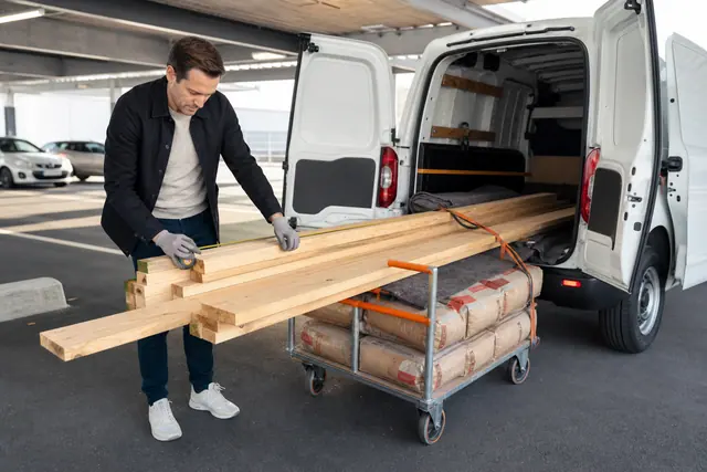 Client préparant des matériaux de bricolage avant chargement dans un utilitaire.