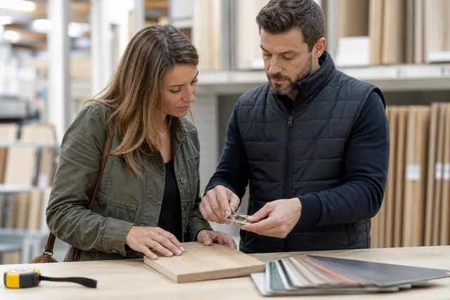Cliente et conseiller comparent un échantillon de bois dans un magasin de bricolage.