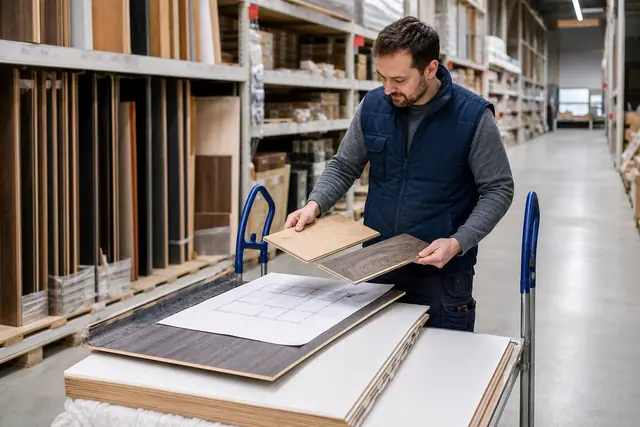 Particulier comparant des matériaux de rénovation dans un magasin de bricolage local