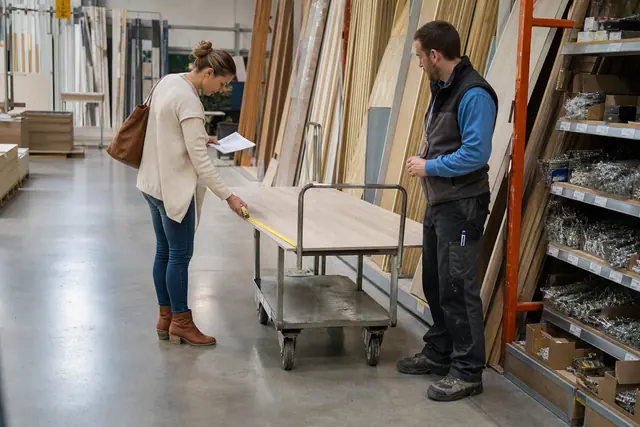 Cliente préparant ses dimensions devant des panneaux de bois en magasin.