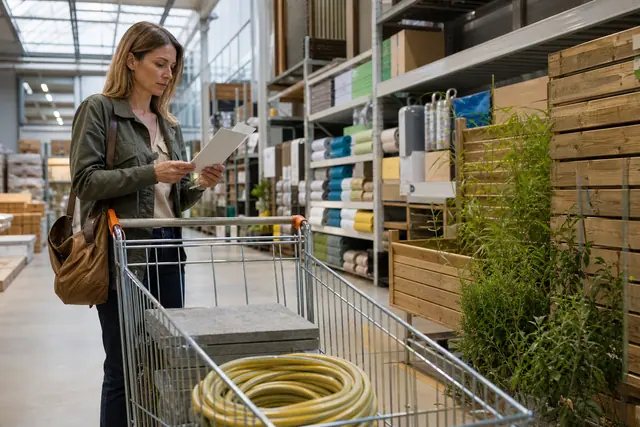 Cliente planifiant des achats entre rayons de terrasse et d’isolation.
