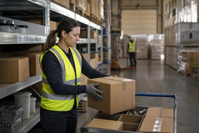 Préparatrice organise une commande de bricolage dans un entrepôt centralisé.