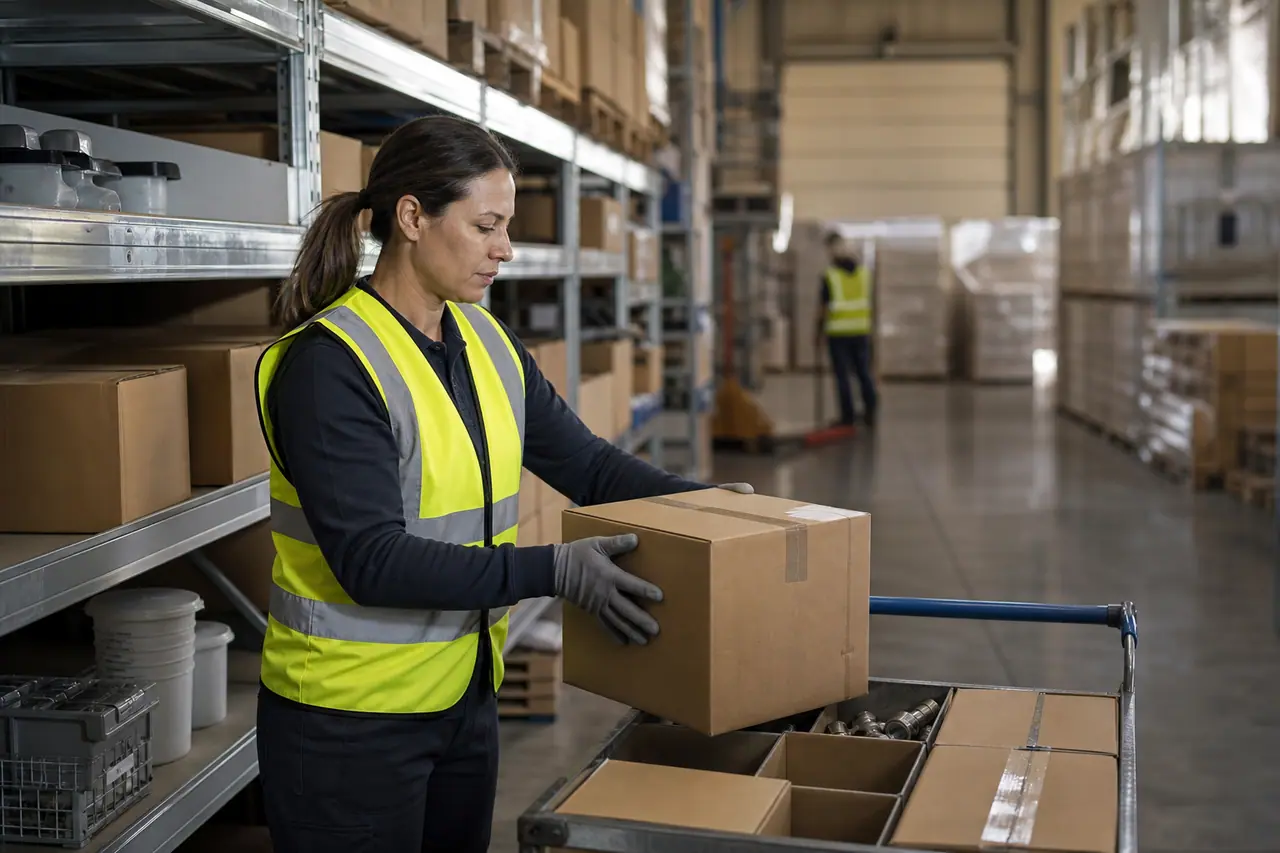 Préparatrice organise une commande de bricolage dans un entrepôt centralisé.