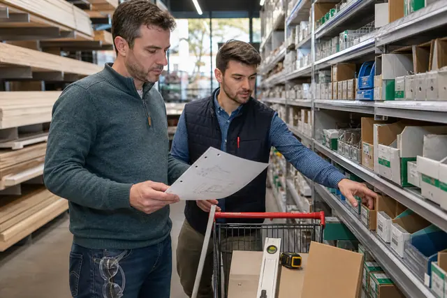 Client préparant une liste d’achats devant un rayon de quincaillerie.