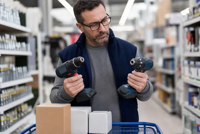Bricoleur comparant deux perceuses sans fil dans un magasin de bricolage.