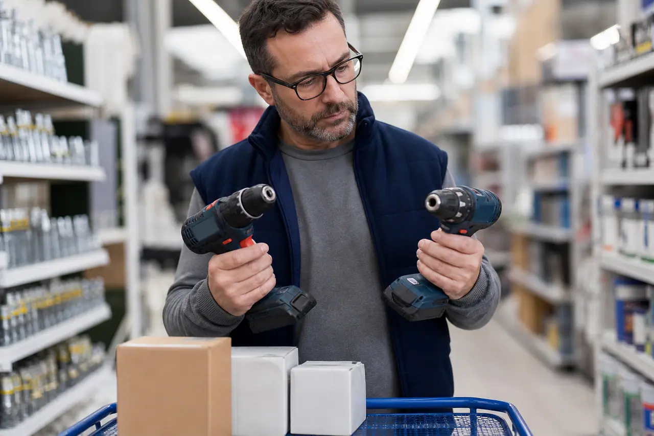 Bricoleur comparant deux perceuses sans fil dans un magasin de bricolage.