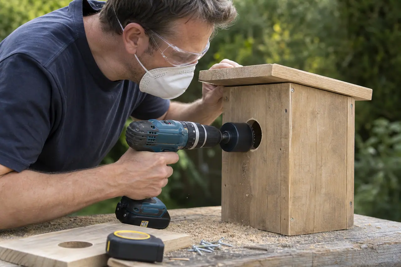 Perçage d’un trou d’envol dans un nichoir fabriqué avec une boîte en bois.