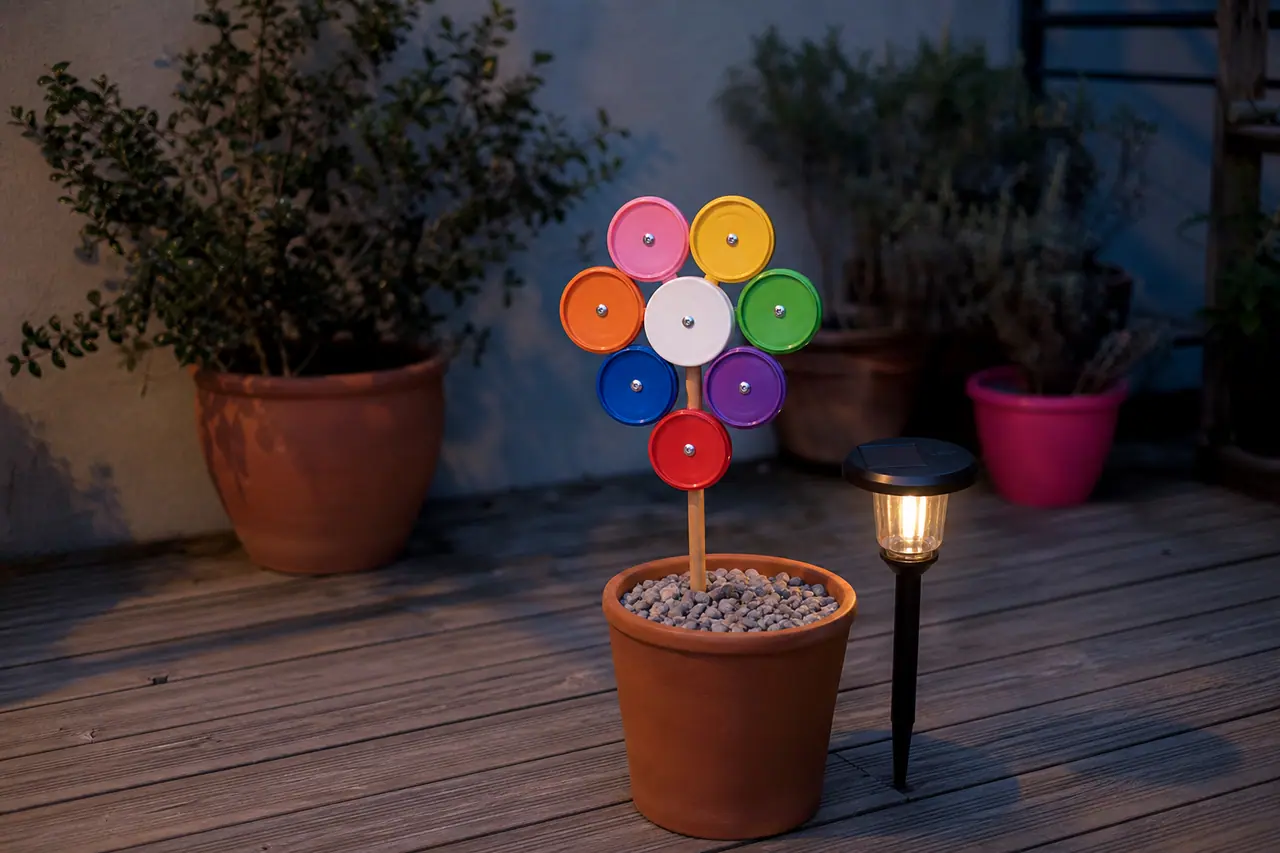 Rosace en couvercles colorés éclairée par une lampe solaire sur une terrasse.