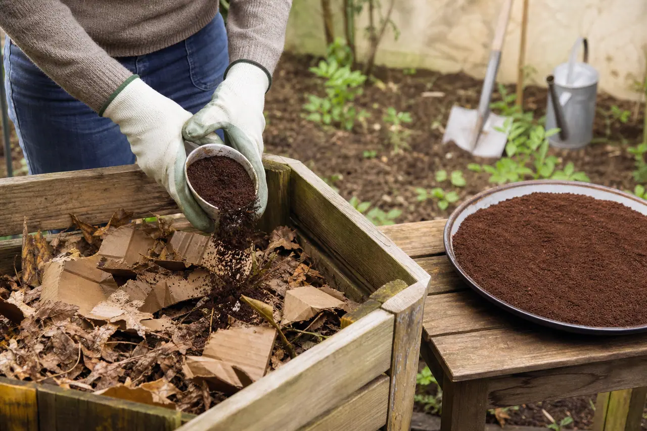 Marc de café sec ajouté en petite quantité dans un composteur de jardin.