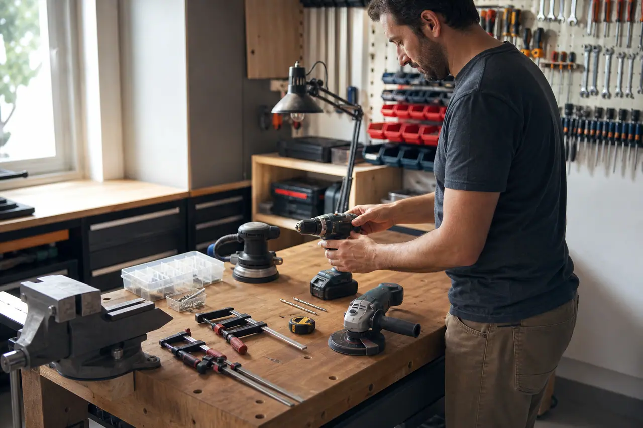 Atelier rangé avec outils de base, établi en bois et protections individuelles.